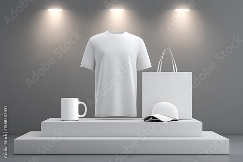 Blank white t shirt tote bag mug and baseball cap displayed on a modern white pedestal for product customization