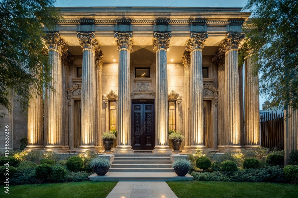 Obraz premium Majestic neoclassical mansion facade with illuminated columns and entrance at dusk