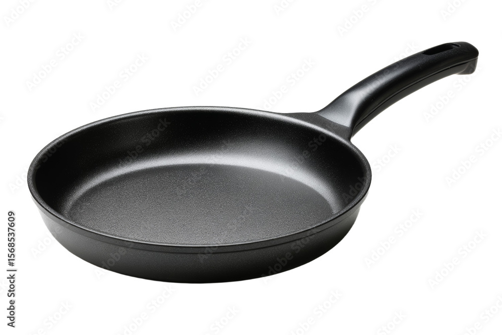 A black pan with a handle sits on a white background A black pan with a handle sits on a white background