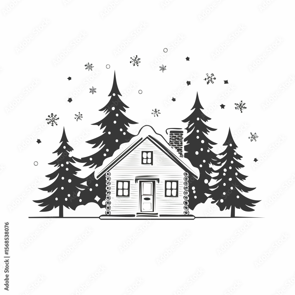 Naklejka premium A cozy cabin nestled in a snowy forest with falling snow Image Vector Isolated on white background.