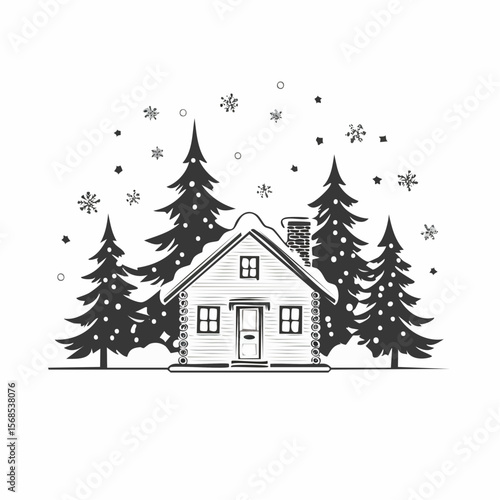 A cozy cabin nestled in a snowy forest with falling snow Image Vector Isolated on white background.