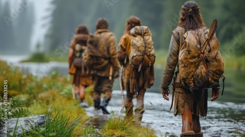 Ancient travelers trek along a riverbank, clad in furs and carrying packs, in a forested setting