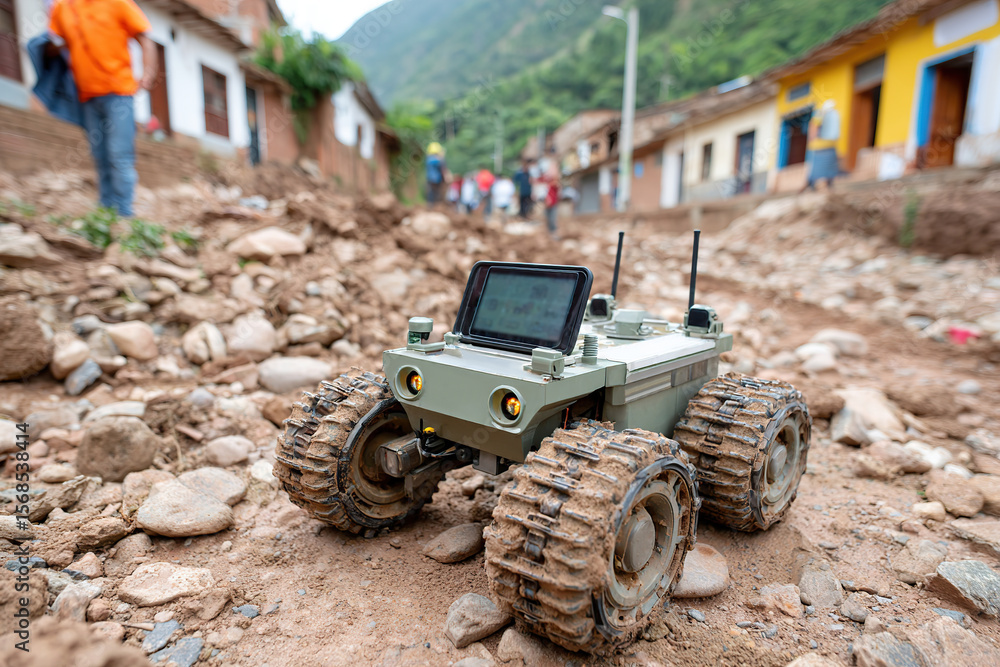Fototapeta premium Robot delivers medical supplies in rural area during recovery efforts