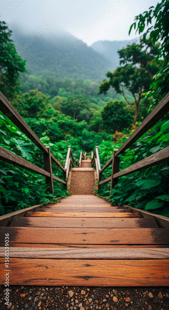 Fototapeta premium Wooden staircase ascending into lush green mountains, showcasing a path to tranquility and nature's beauty