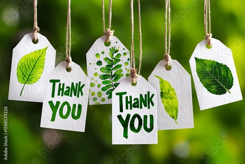 Several white paper gift tags with green leaves and thank you text hang on twine against a blurred green background