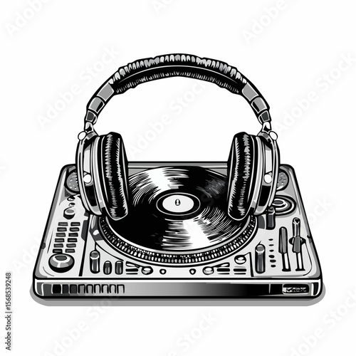 DJ Music Mixer and Headphones Setup Ready for an Energetic Night Party Vector