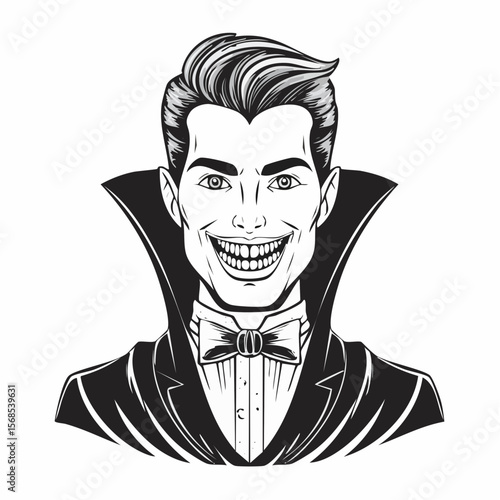 Male vampire with sharp teeth and black attire image vector isolated on white background.