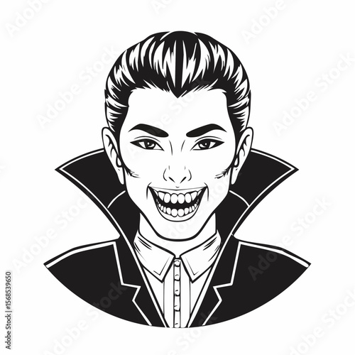 Male vampire with sharp teeth and black attire image vector isolated on white background.