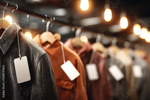 Row of stylish jackets hanging on wooden hangers with blank price tags in a boutique store with warm lighting