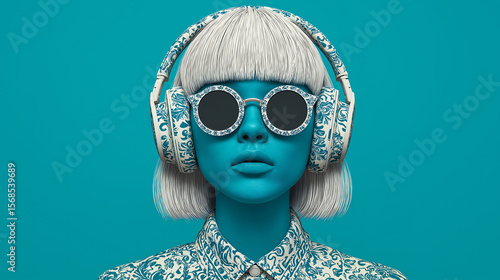Blue-skinned woman with white hair, Chinese porcelain patterned headphones, and dark glasses. Symmetrical composition against solid blue background
