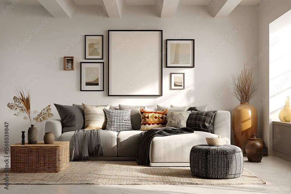 Fototapeta premium Modern living room with a comfortable sectional sofa gallery wall and natural decor elements creating a cozy atmosphere