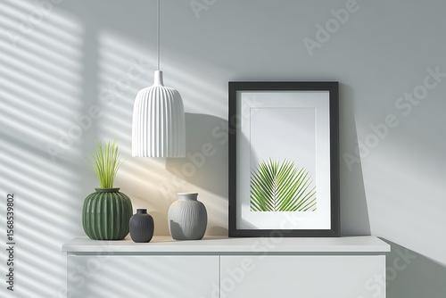 Modern interior design setup with a white pendant lamp decorative vases and a framed palm leaf artwork on a white shelf