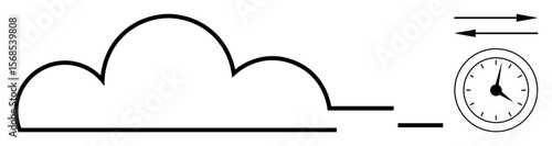 Large cloud outline with a clock nearby showing time and double arrows denoting speed or direction. Ideal for technology, data processing, logistics, productivity, cloud computing, efficiency, simple