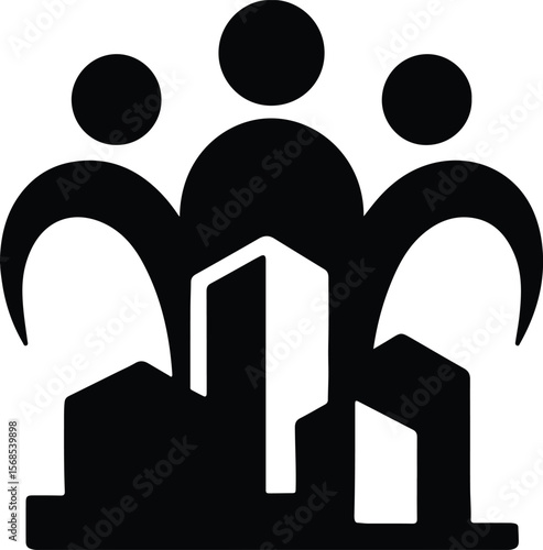 Silhouette people community above city building simple icon Vector illustration