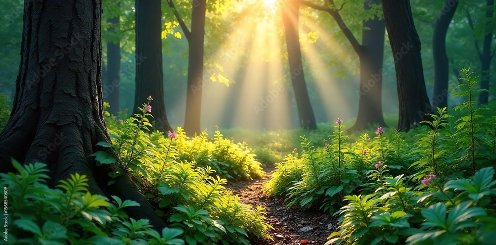 Obraz premium Sunlit Forest Floor Lush Ferns, Wildflowers, and Ancient Trees Create a Tranquil Woodland Scene, Perfect for Nature-Inspired Design and Relaxation