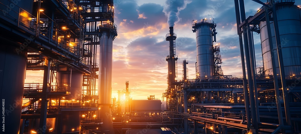 Industrial Sugar Mill Illuminated at Sunset with Glowing Lights and Gleaming Metal Surfaces in a Wide Panoramic Background Industrial Sugar Mill Illuminated at Sunset with Glowing Lights and Gleaming Metal Surfaces in a Wide Panoramic Background