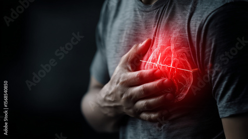 Male has chest clutching in pain, with glowing red heart and ECG pulse overlay. Heart attack, cardiac arrest, chest pain or symptoms of heart disease. For health, medical, cardiology     
