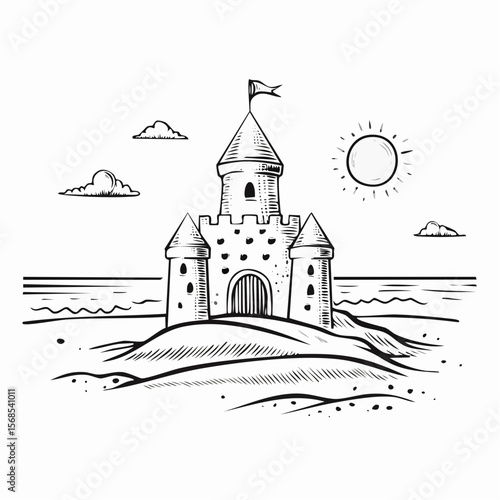 Sand castle Image. Beautiful sand castle on the sand by the sea image vector isolated on white background.