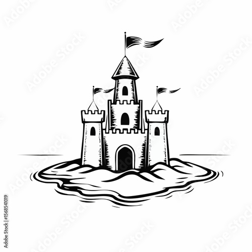 Sand castle Image. Beautiful sand castle on the sand by the sea image vector isolated on white background.