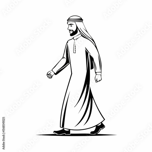 Arabic man walking sideways isolated white background in traditional costume image.