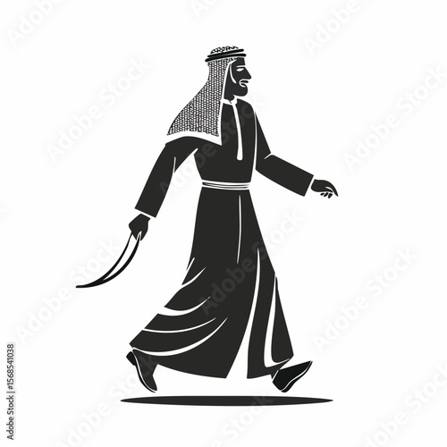 Arabic man walking sideways isolated white background in traditional costume image.