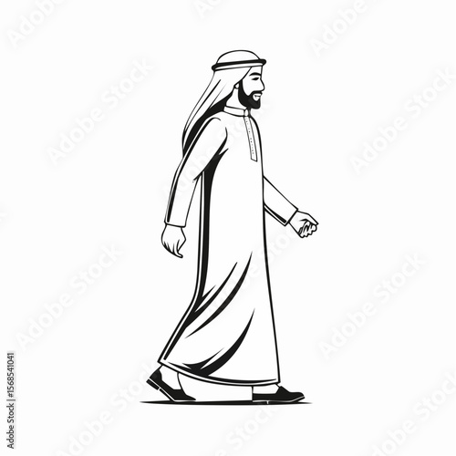 Arabic man walking sideways isolated white background in traditional costume image.