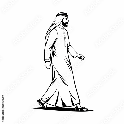Arabic man walking sideways isolated white background in traditional costume image.