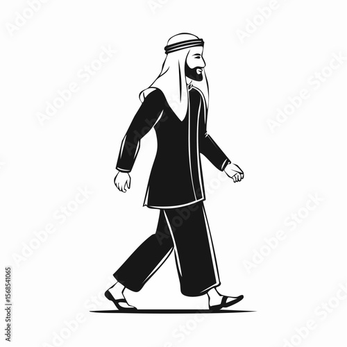 Arabic man walking sideways isolated white background in traditional costume image.