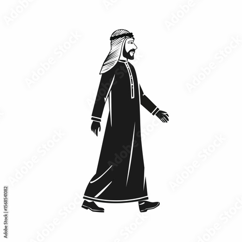 Arabic man walking sideways isolated white background in traditional costume image.