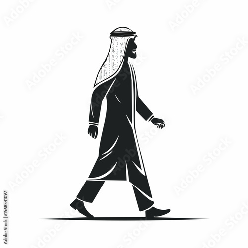 Arabic man walking sideways isolated white background in traditional costume image.