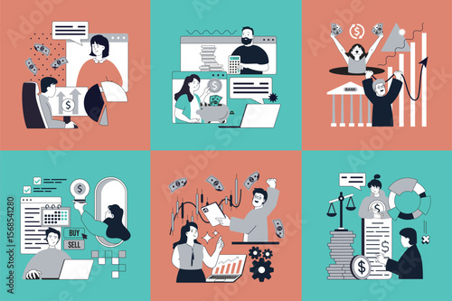 Business and finance concept of social media banners set for web design. People making financial analysis with graphs, planning strategy, investing in company, earning money. Vector illustrations.