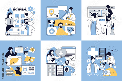 Healthcare and medical concept of social media banners set for web design. People working in hospital and ambulance, patients in ward, doctors making diagnosis and treatment. Vector illustrations.