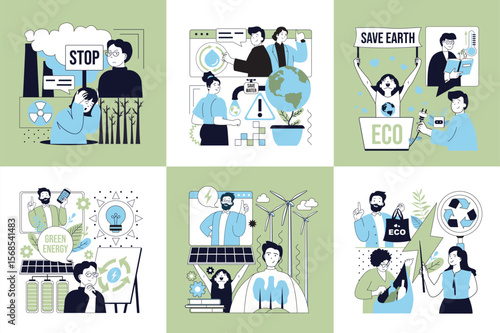 Nature and ecology concept of social media banners set for web design. People stopping toxic pollution, save planet and forest, using green alternative energy, recycling trash. Vector illustrations.