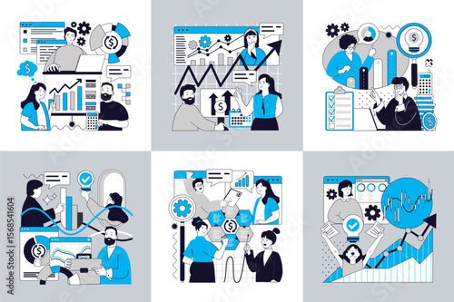 Statistics and analytics concept of social media banners set for web design. People making research for business financial planning, reporting, working with graphs and charts. Vector illustrations.