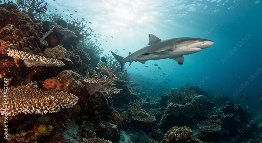 Fototapeta premium Sunlight illuminates a majestic shark navigating through a diverse and thriving marine ecosystem.