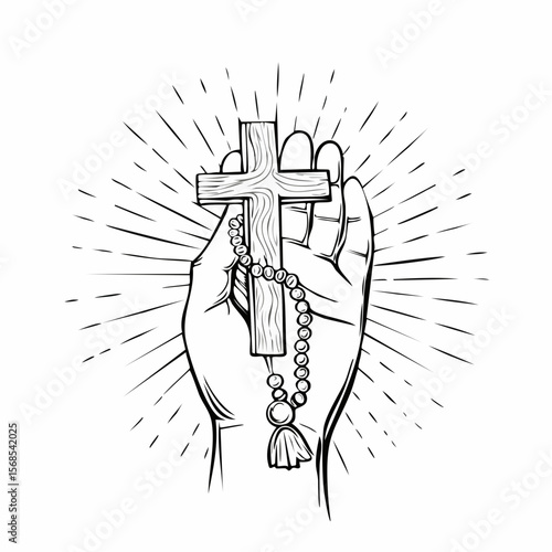A hand holding a rosary and a cross Image vector isolated on white background.