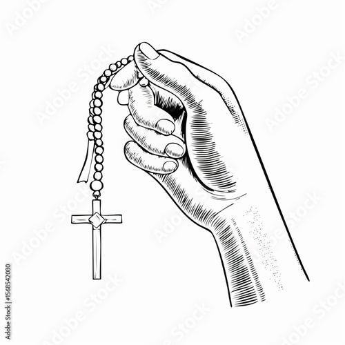 A hand holding a rosary and a cross Image vector isolated on white background.