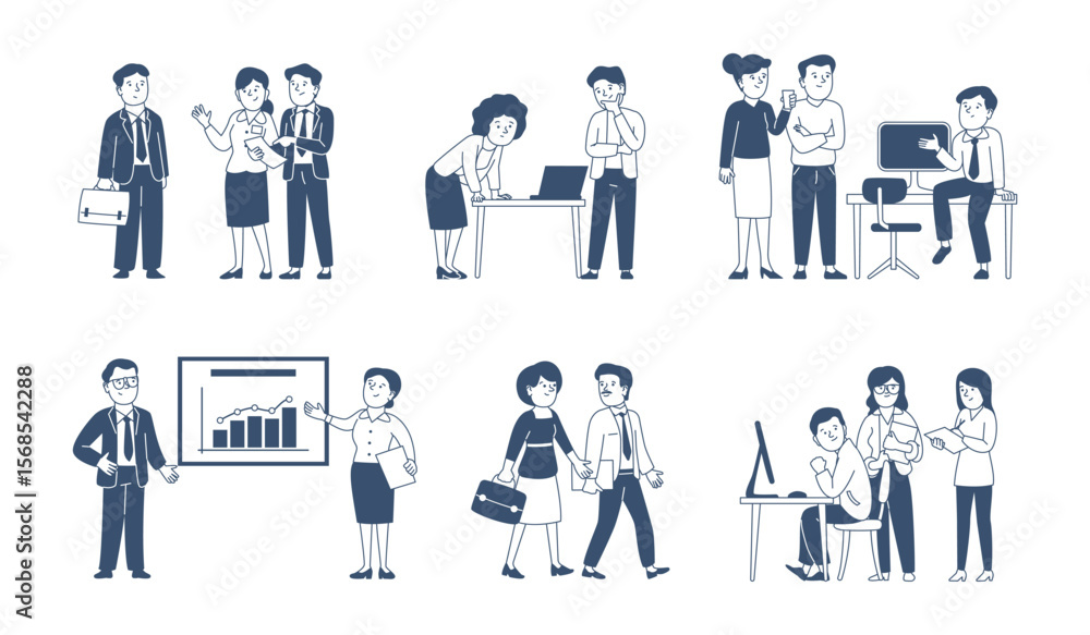 Business communication scenes. Office people working together, with papers, documents and computer. Corporate meeting, linear workers recent vector characters Business communication scenes. Office people working together, with papers, documents and computer. Corporate meeting, linear workers recent vector characters