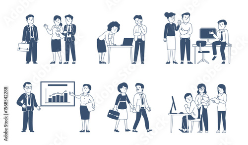 Business communication scenes. Office people working together, with papers, documents and computer. Corporate meeting, linear workers recent vector characters