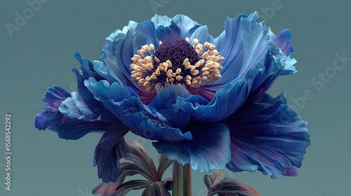   A blue flower with yellow stamen in focus, atop its stem's center