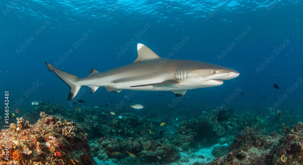 Fototapeta premium A powerful shark glides gracefully through crystal-clear ocean waters above a vibrant coral reef.