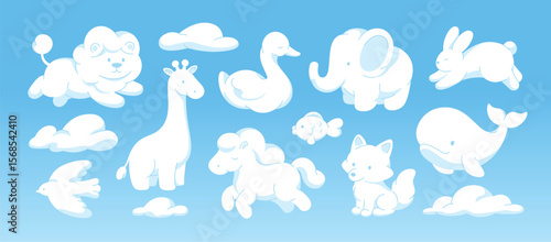 Animal shape clouds. White fluffy animals cloudy forms, different children imagination characters. Lion, elephant, goose, fish, racy vector clipart