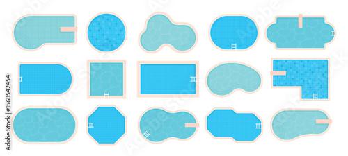 Cartoon swimming pool top view. Isolated pools various shapes. Hotel or sport center swim zone for adult and children. Outdoor poolside racy vector set