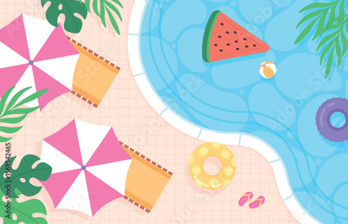Rest on swimming pool background. Hotel resort swim zone, leisure exterior place in apartments. Inflatable mattress and rings, sun protect umbrella, racy vector illustration