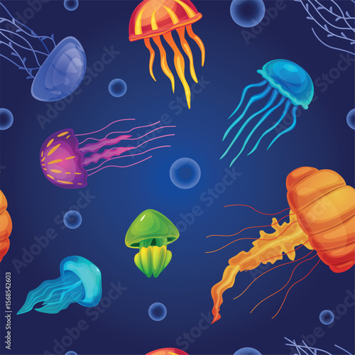 Bright jellyfish seamless pattern. Seaworld cartoon characters, underwater cartoon jellyfish. Vibrant print for fabric, wallpaper, wrapping, nowaday vector background
