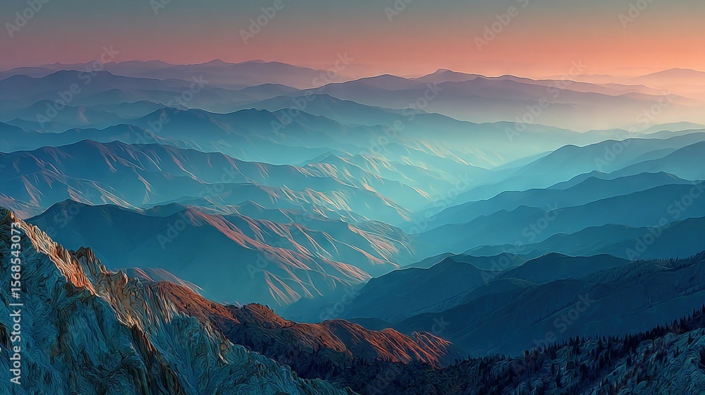 Fototapeta premium A mountain range viewed from the peak as the sun rises above it
