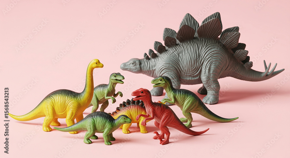 Fototapeta premium Collection of colorful plastic dinosaur toys on pink background, showcasing playful and imaginative concept, ideal for children's room decor or educational materials
