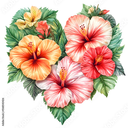 Wallpaper Mural Watercolor hibiscus flowers arrangement in heart shape for tropical design Torontodigital.ca