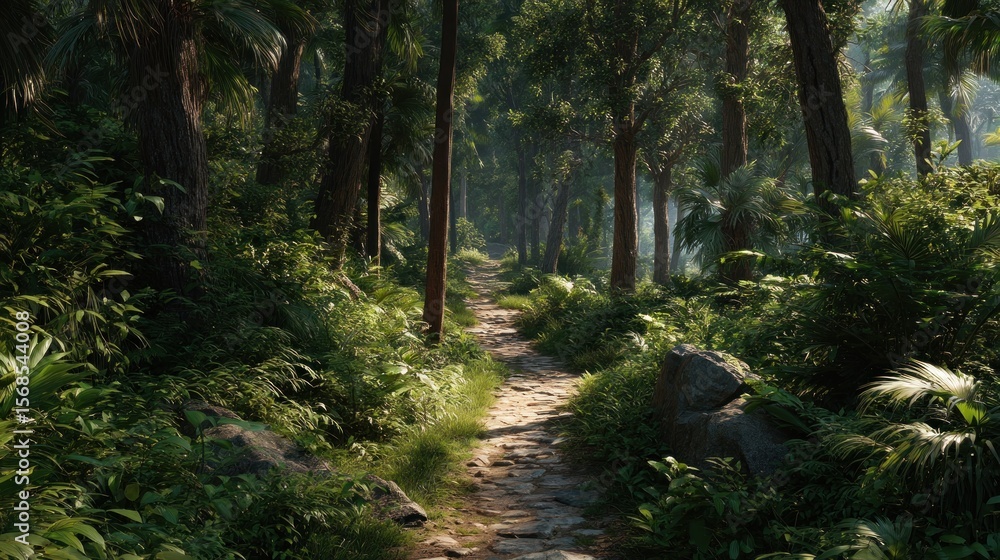 Obraz premium Sun-dappled Path Through a Lush, Verdant Tropical Forest