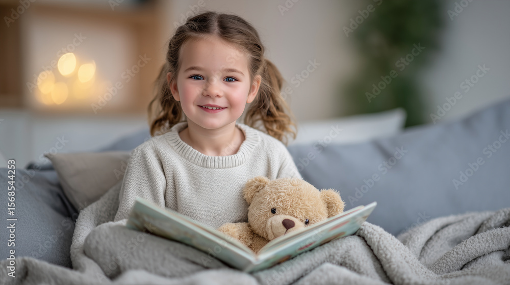 Young girl with bright eyes and pigtails sits cross-legged on a plush sofa, giggling as she reads a colorful storybook to her teddy bear, soft cushions and warm blanket around her Young girl with bright eyes and pigtails sits cross-legged on a plush sofa, giggling as she reads a colorful storybook to her teddy bear, soft cushions and warm blanket around her